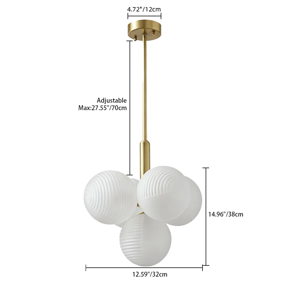 Contemporary Sculptural Ribbed Glass Globe Chandelier Brass Finish
