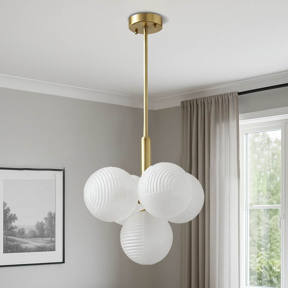 Contemporary Sculptural Ribbed Glass Globe Chandelier Brass Finish