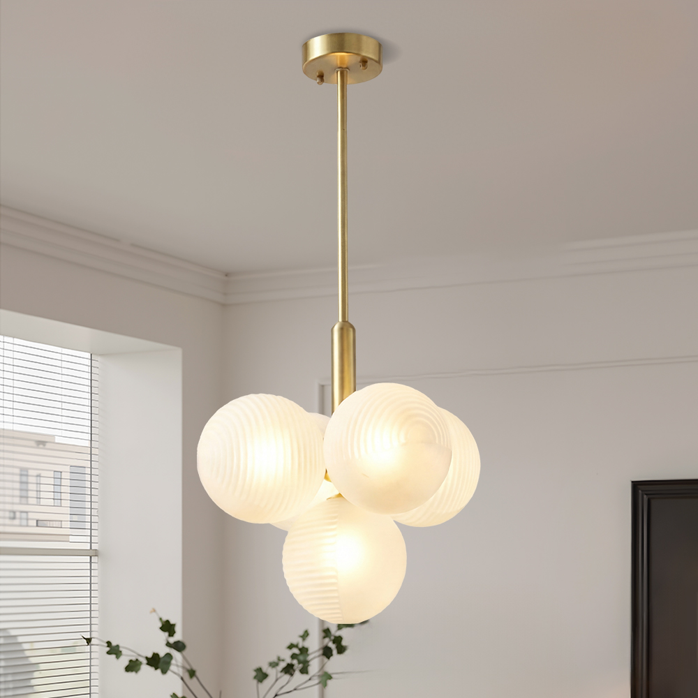 Contemporary Sculptural Ribbed Glass Globe Chandelier Brass Finish