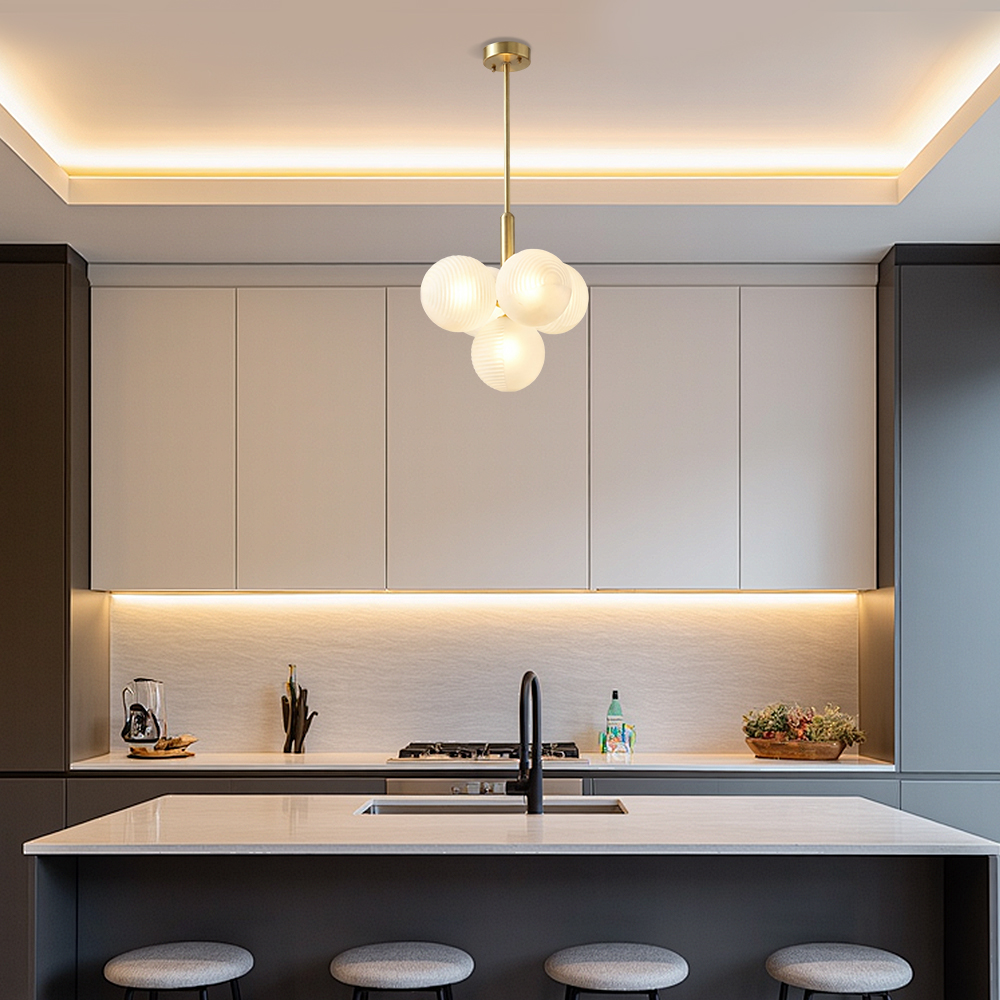 Contemporary Sculptural Ribbed Glass Globe Chandelier Brass Finish