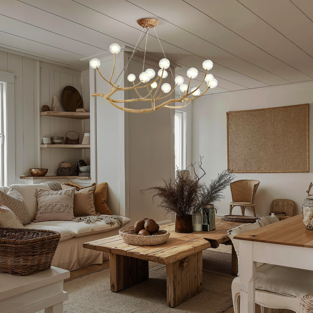 Nordic Rustic Tree Branch Hanging Chandelier with Bubble Glass lighting