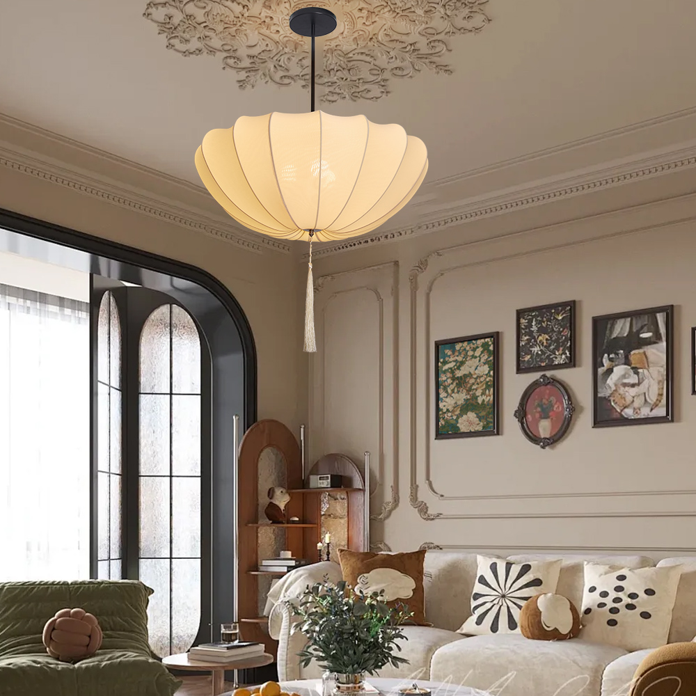 Nordic Medieval Fabric Pendant Lamp French Hotel Living Room Chandelier
