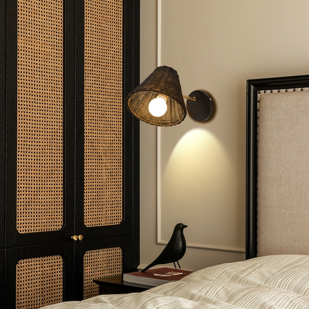 Bamboo Rattan Wall Sconce Boho Pull Chain Light Bedroom Bathroom