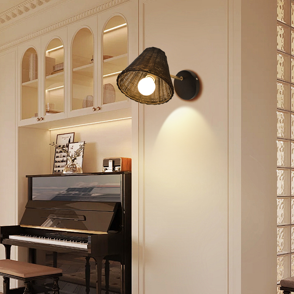 Japanese Style Simple Rattan Woven Bedside Wall Lamp