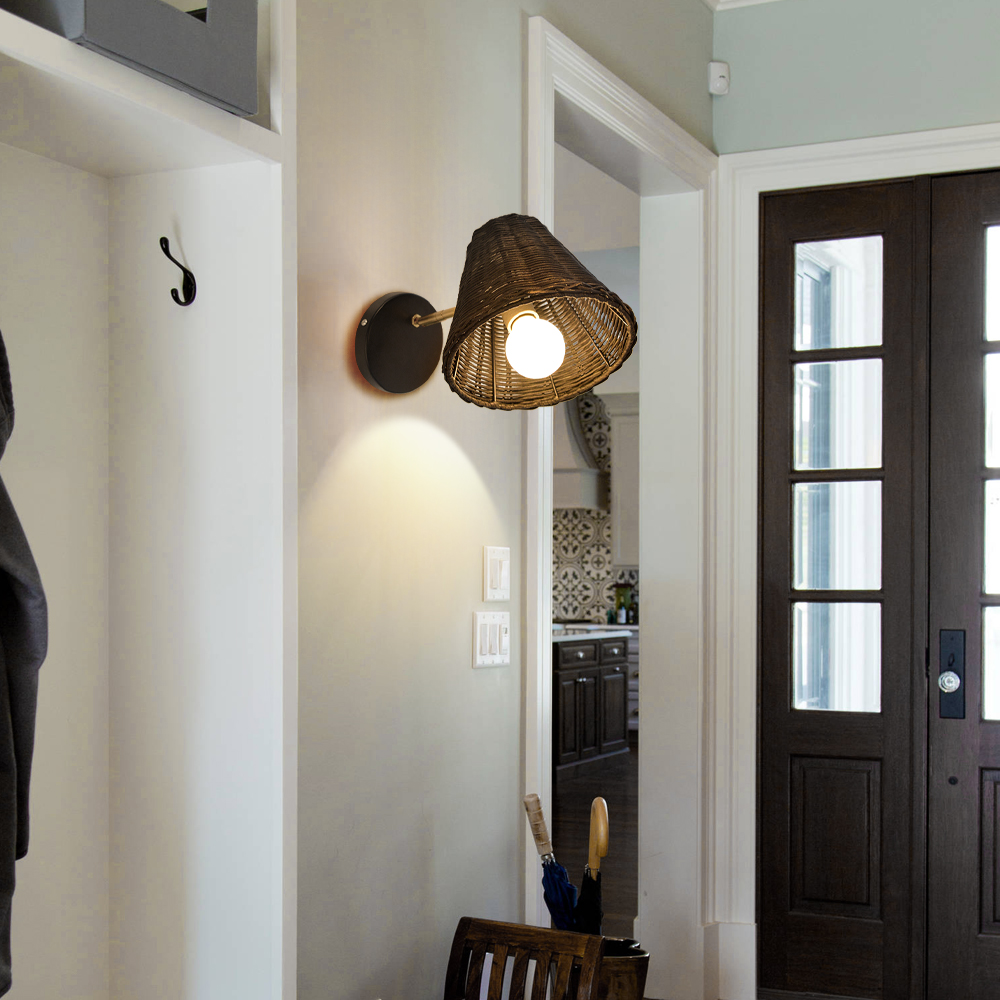 Japanese Style Simple Rattan Woven Bedside Wall Lamp