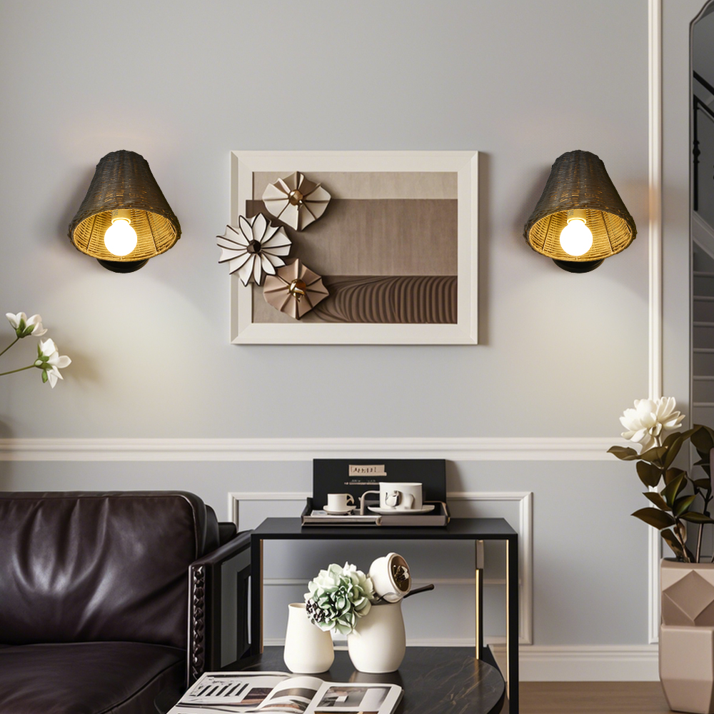 Japanese Style Simple Rattan Woven Bedside Wall Lamp