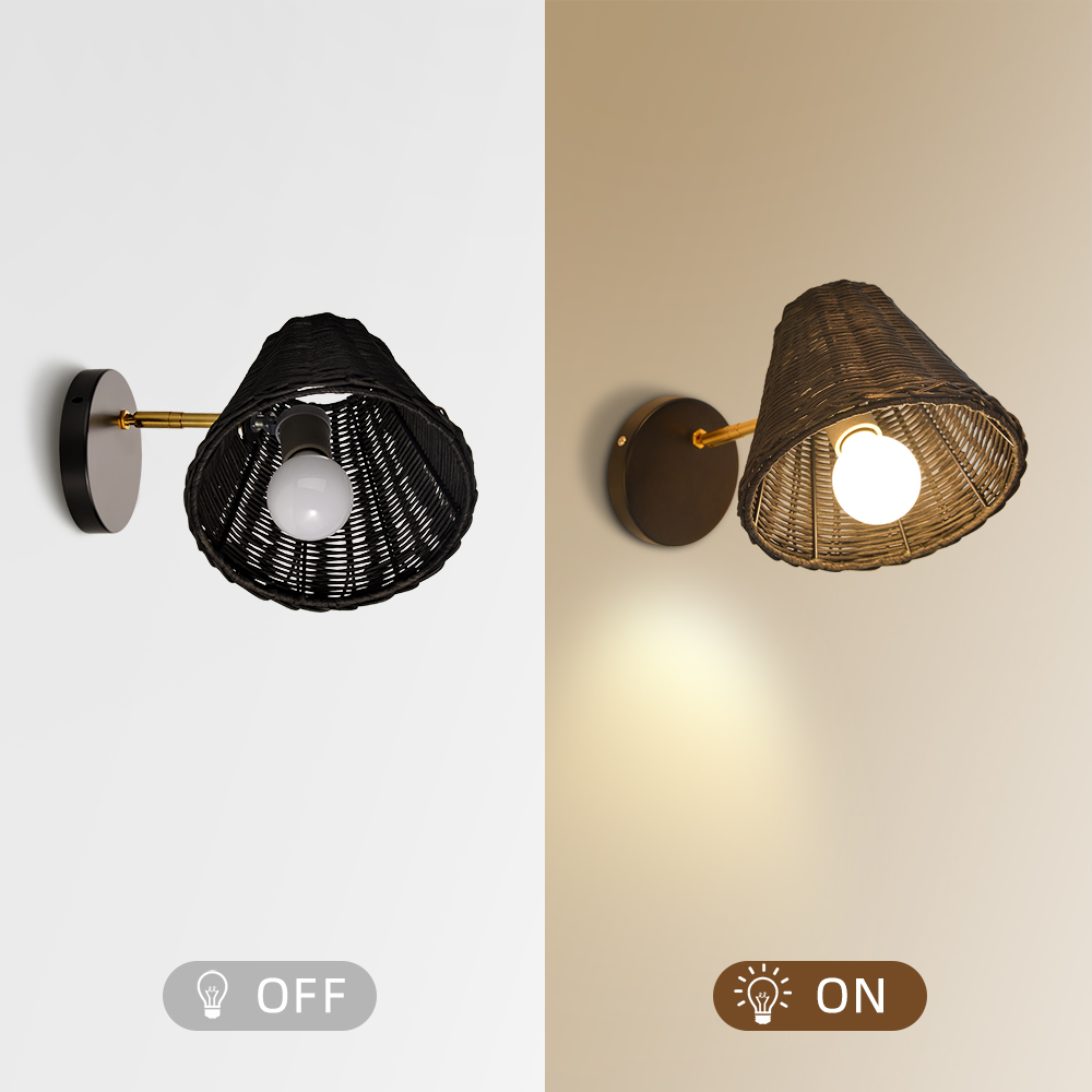 Bamboo Rattan Wall Sconce Boho Pull Chain Light Bedroom Bathroom
