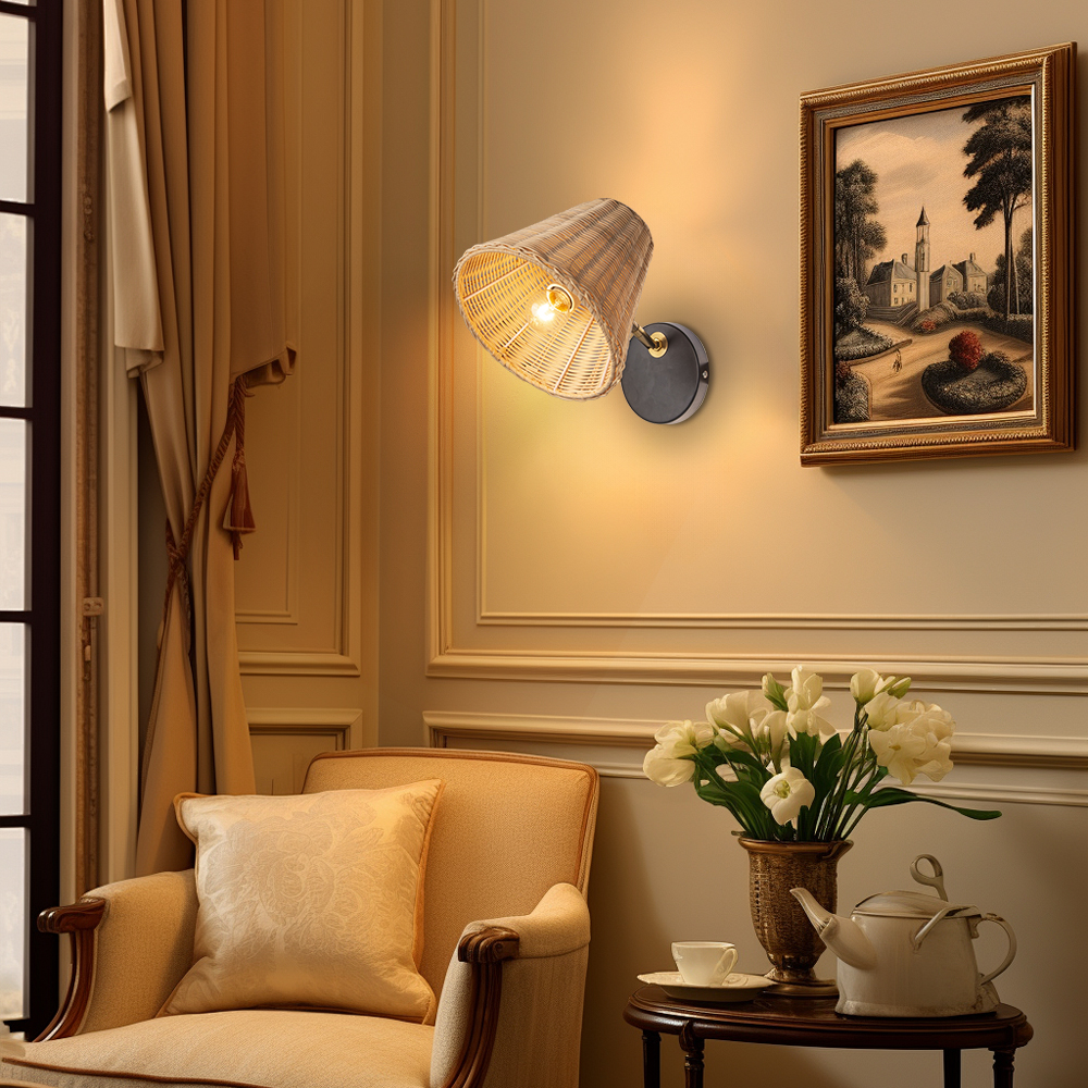 Bamboo Rattan Wall Sconce Boho Pull Chain Light Bedroom Bathroom