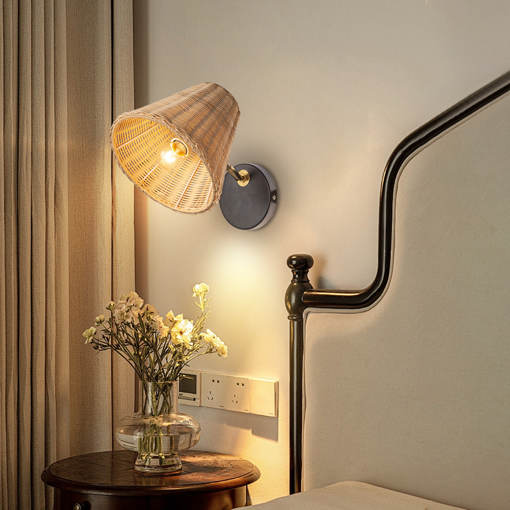 Bamboo Rattan Wall Sconce Boho Pull Chain Light Bedroom Bathroom