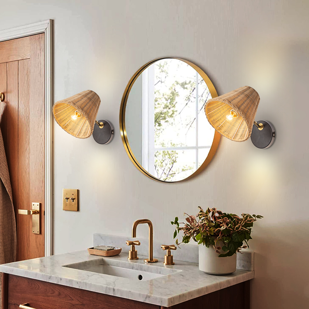 Japanese Style Simple Rattan Woven Bedside Wall Lamp