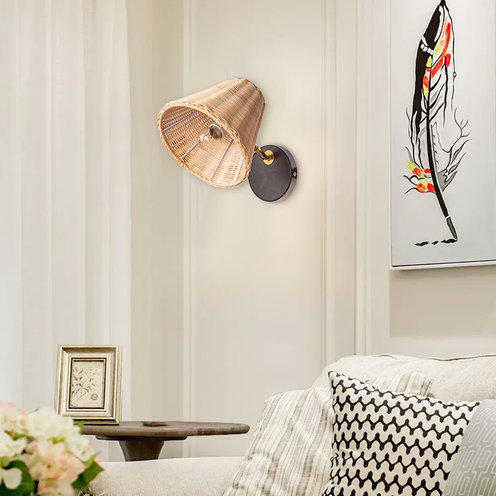 Bamboo Rattan Wall Sconce Boho Pull Chain Light Bedroom Bathroom