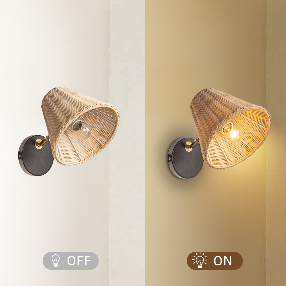 Bamboo Rattan Wall Sconce Boho Pull Chain Light Bedroom Bathroom