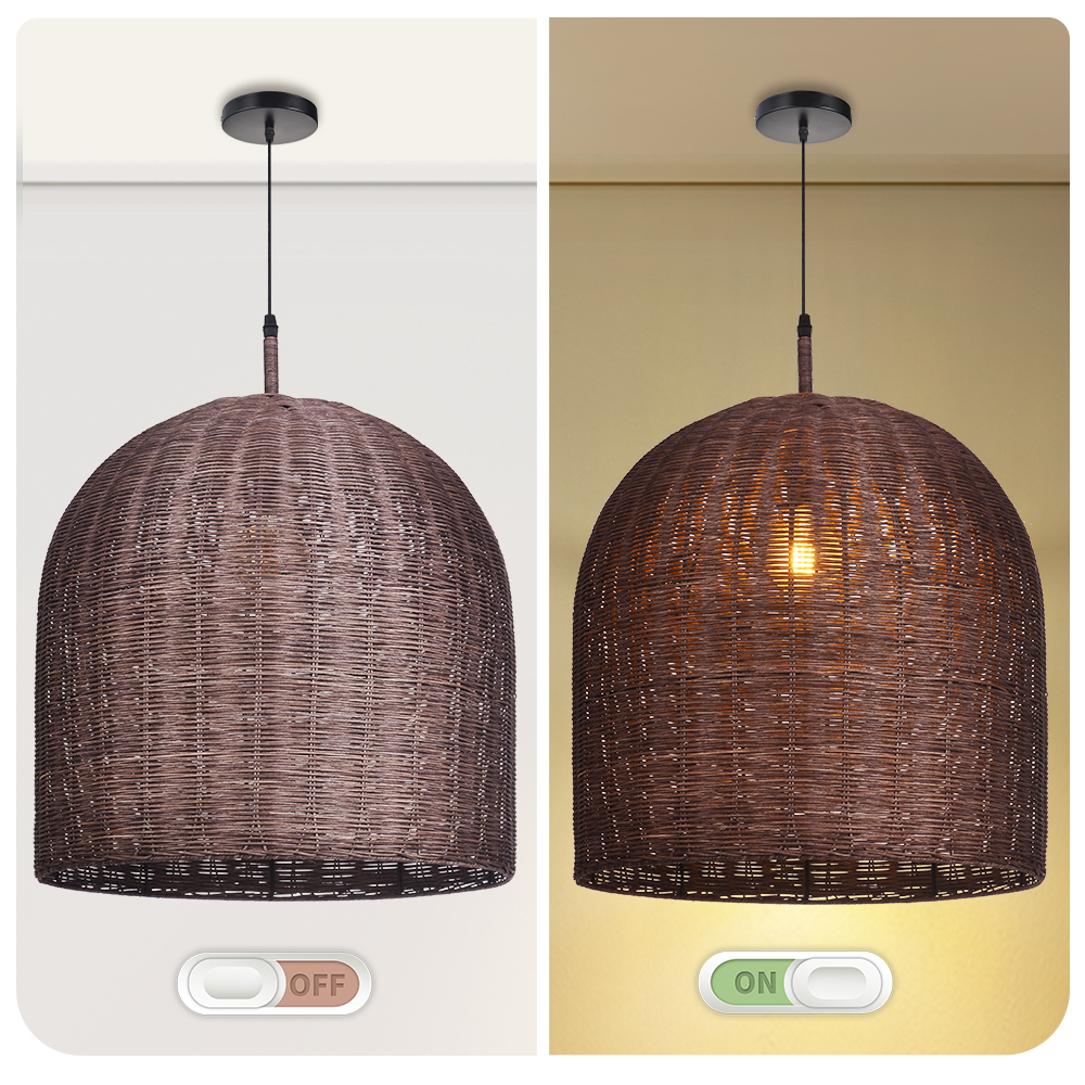 Wabi Sabi Style Dark Rattan Lampshade Retro Pastoral Restaurant Hand-woven Pendant Light