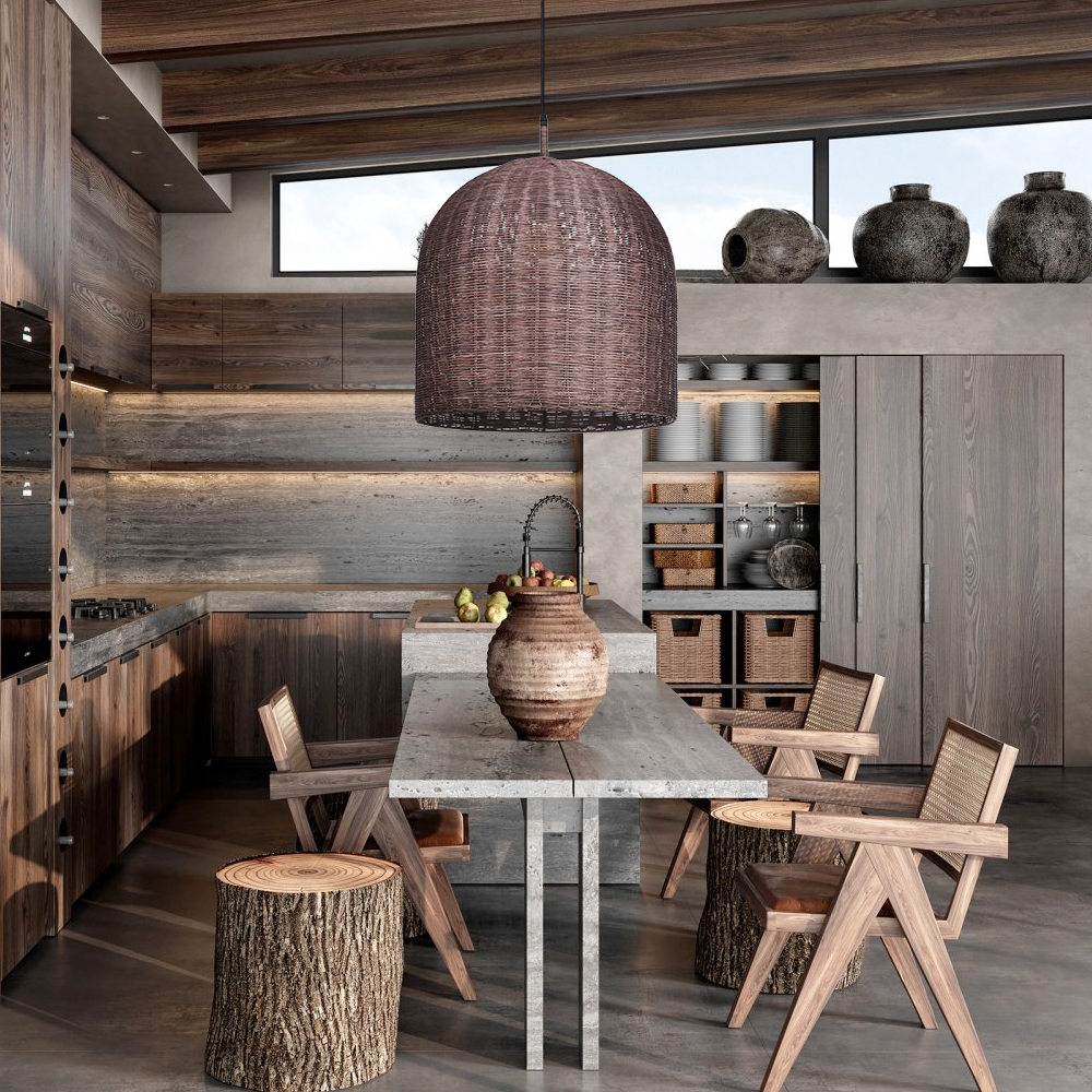 Wabi Sabi Style Dark Rattan Lampshade Retro Pastoral Restaurant Hand-woven Pendant Light