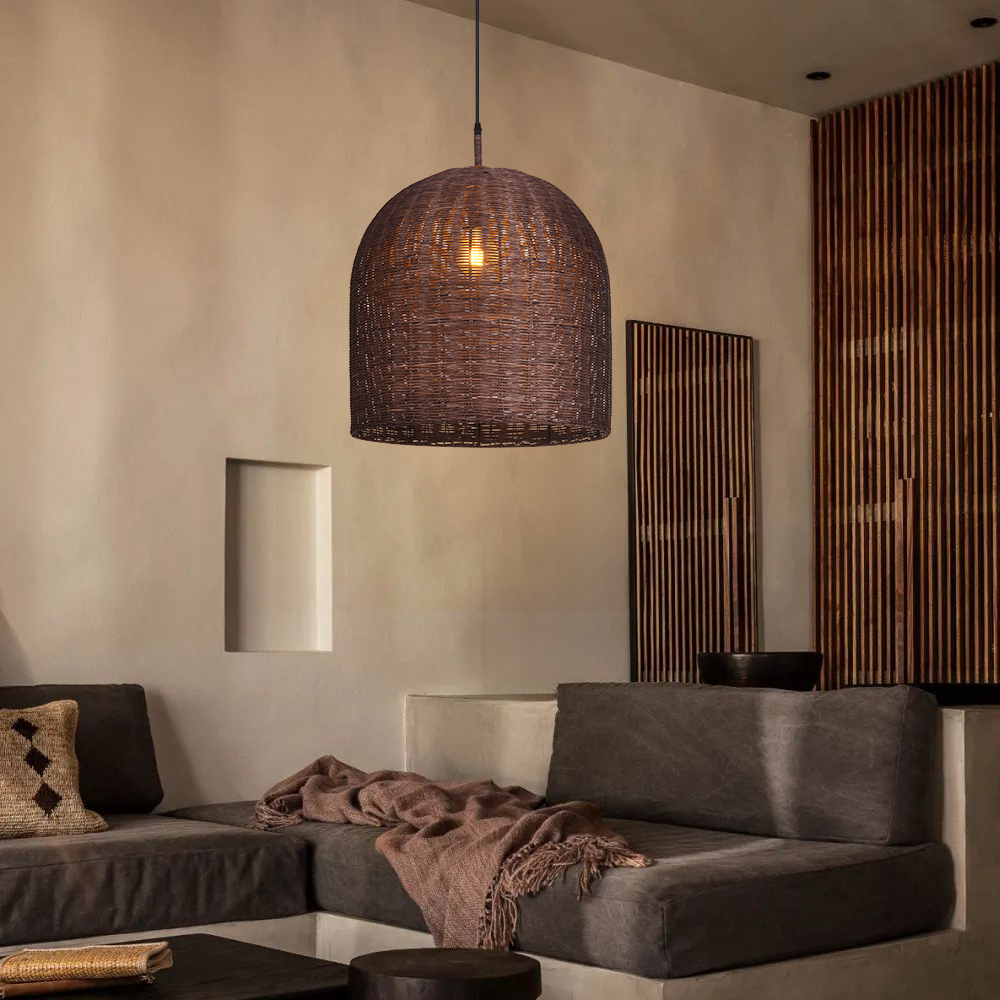 Wabi Sabi Style Dark Rattan Lampshade Retro Pastoral Restaurant Hand-woven Pendant Light