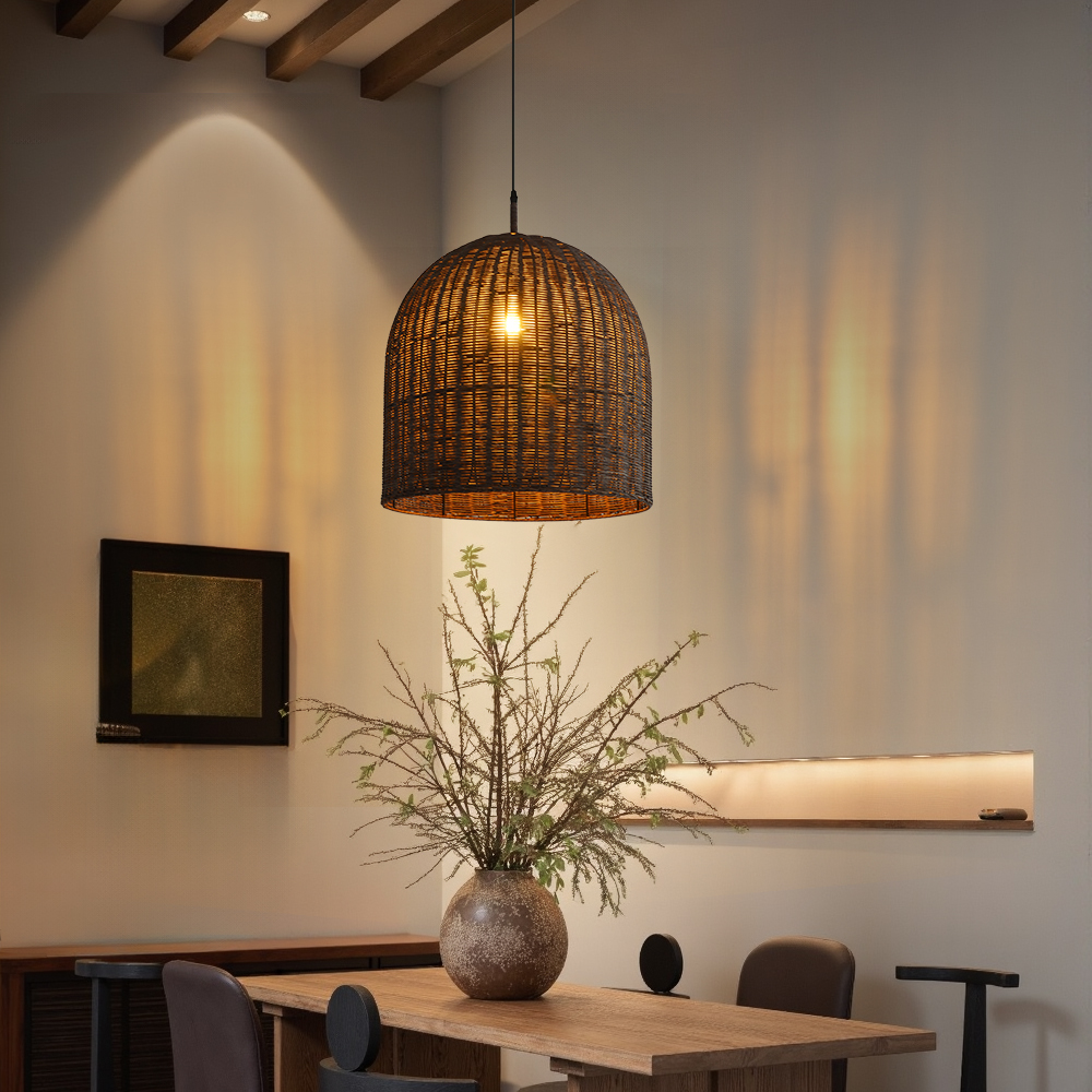Wabi Sabi Style Dark Rattan Lampshade Retro Pastoral Restaurant Hand-woven Pendant Light