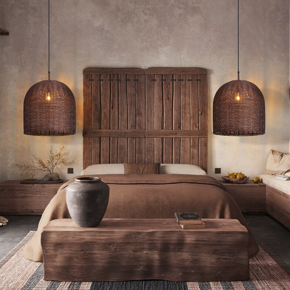 Wabi Sabi Style Dark Rattan Lampshade Retro Pastoral Restaurant Hand-woven Pendant Light
