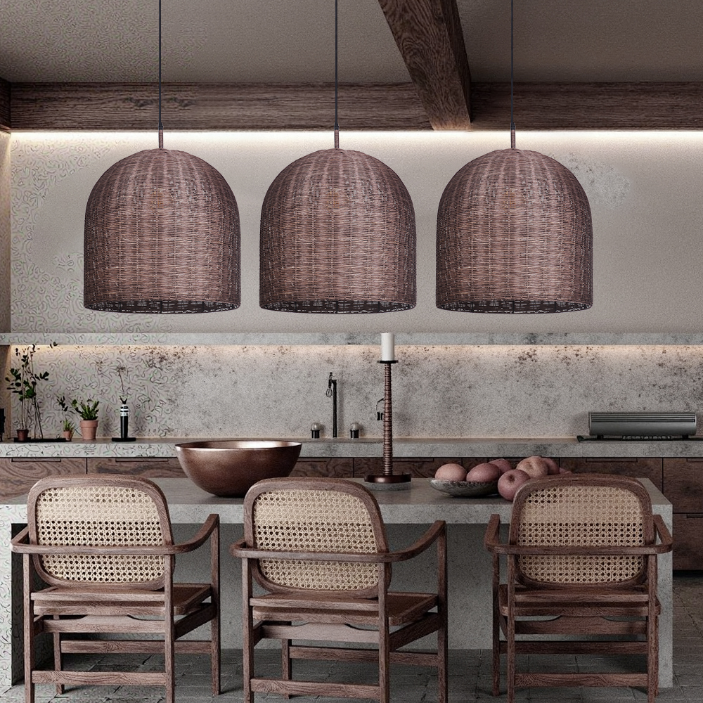 Wabi Sabi Style Dark Rattan Lampshade Retro Pastoral Restaurant Hand-woven Pendant Light