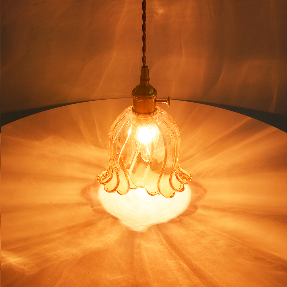 Ruffled Glass Petal Pendant Lamp Vintage Brass Accent Lighting