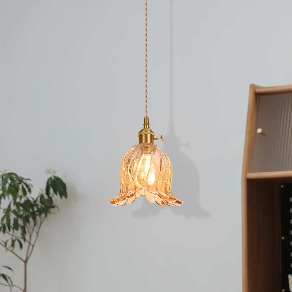 Ruffled Glass Petal Pendant Lamp Vintage Brass Accent Lighting