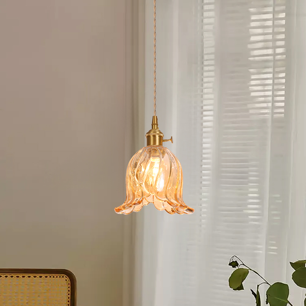 Ruffled Glass Petal Pendant Lamp Vintage Brass Accent Lighting