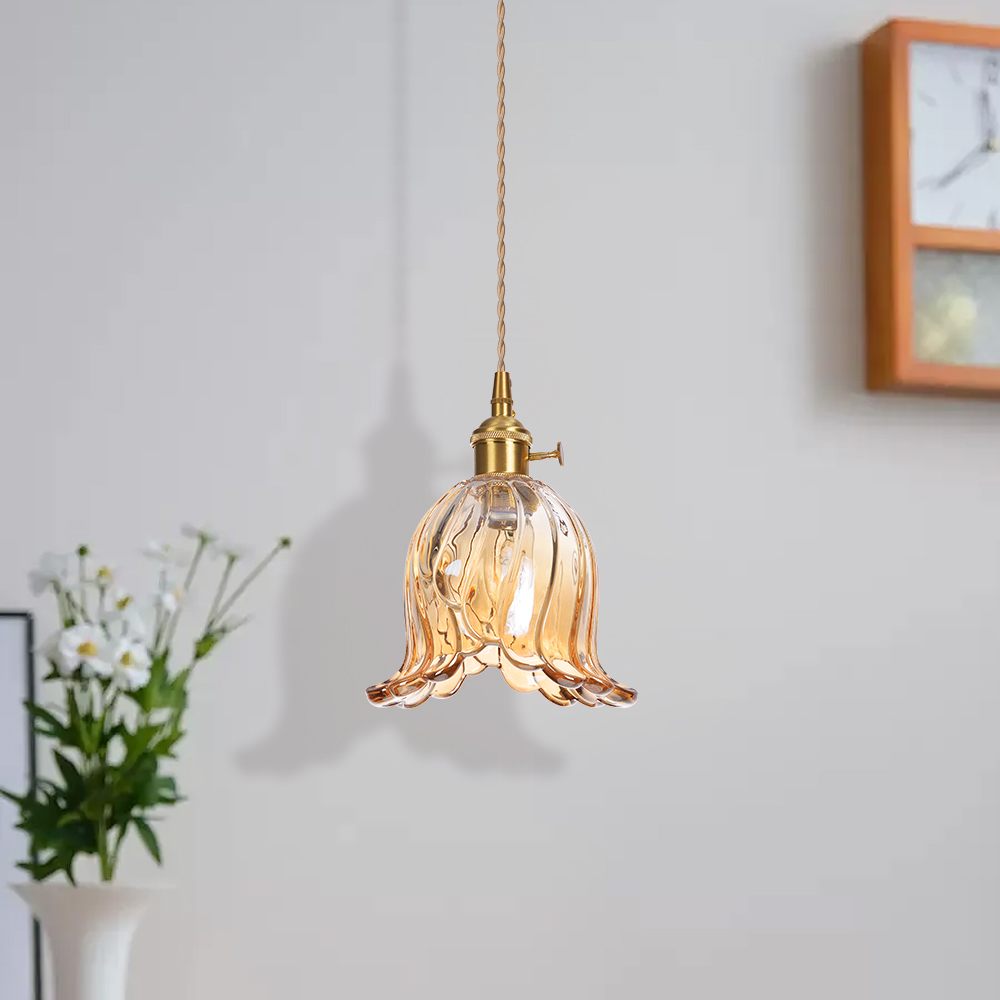 Ruffled Glass Petal Pendant Lamp Vintage Brass Accent Lighting