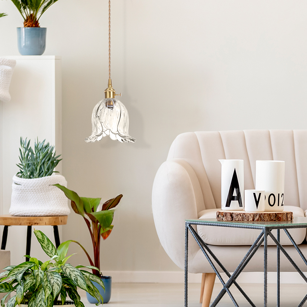 Ruffled Glass Petal Pendant Lamp Vintage Brass Accent Lighting