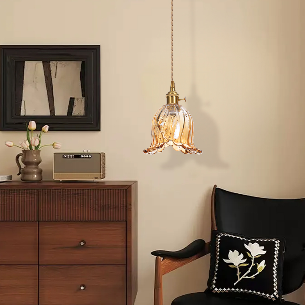 Ruffled Glass Petal Pendant Lamp Vintage Brass Accent Lighting