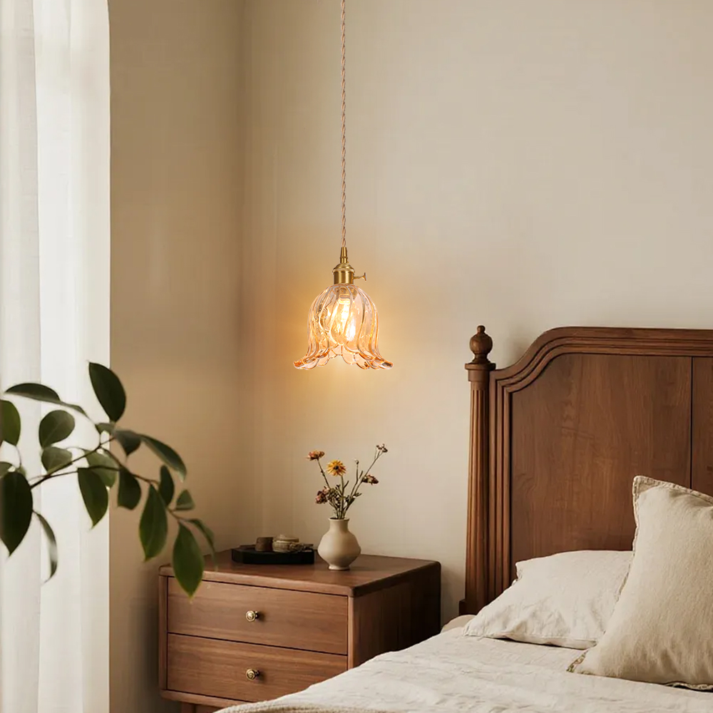 Ruffled Glass Petal Pendant Lamp Vintage Brass Accent Lighting