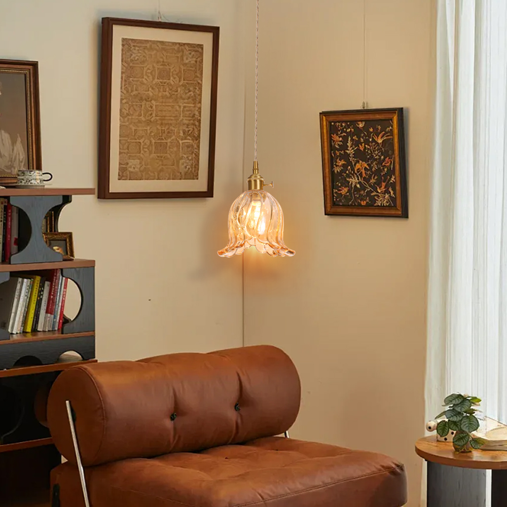 Ruffled Glass Petal Pendant Lamp Vintage Brass Accent Lighting