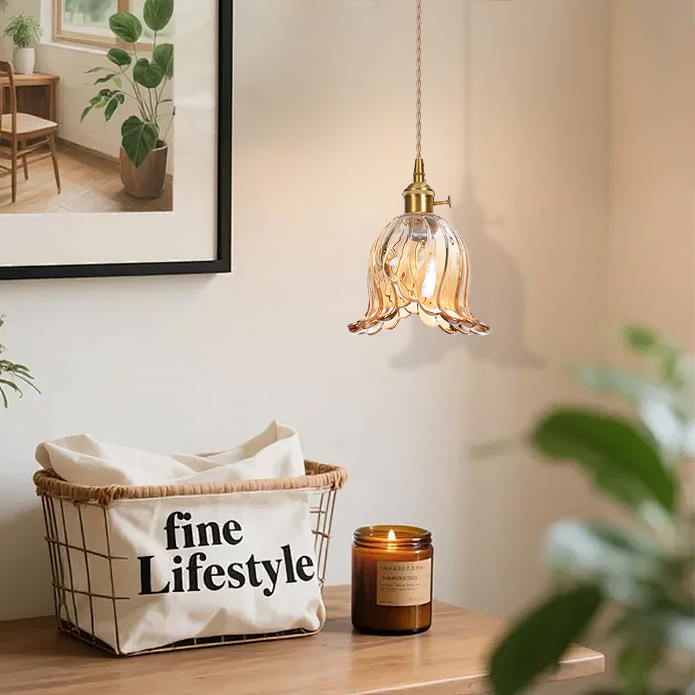 Ruffled Glass Petal Pendant Lamp Vintage Brass Accent Lighting