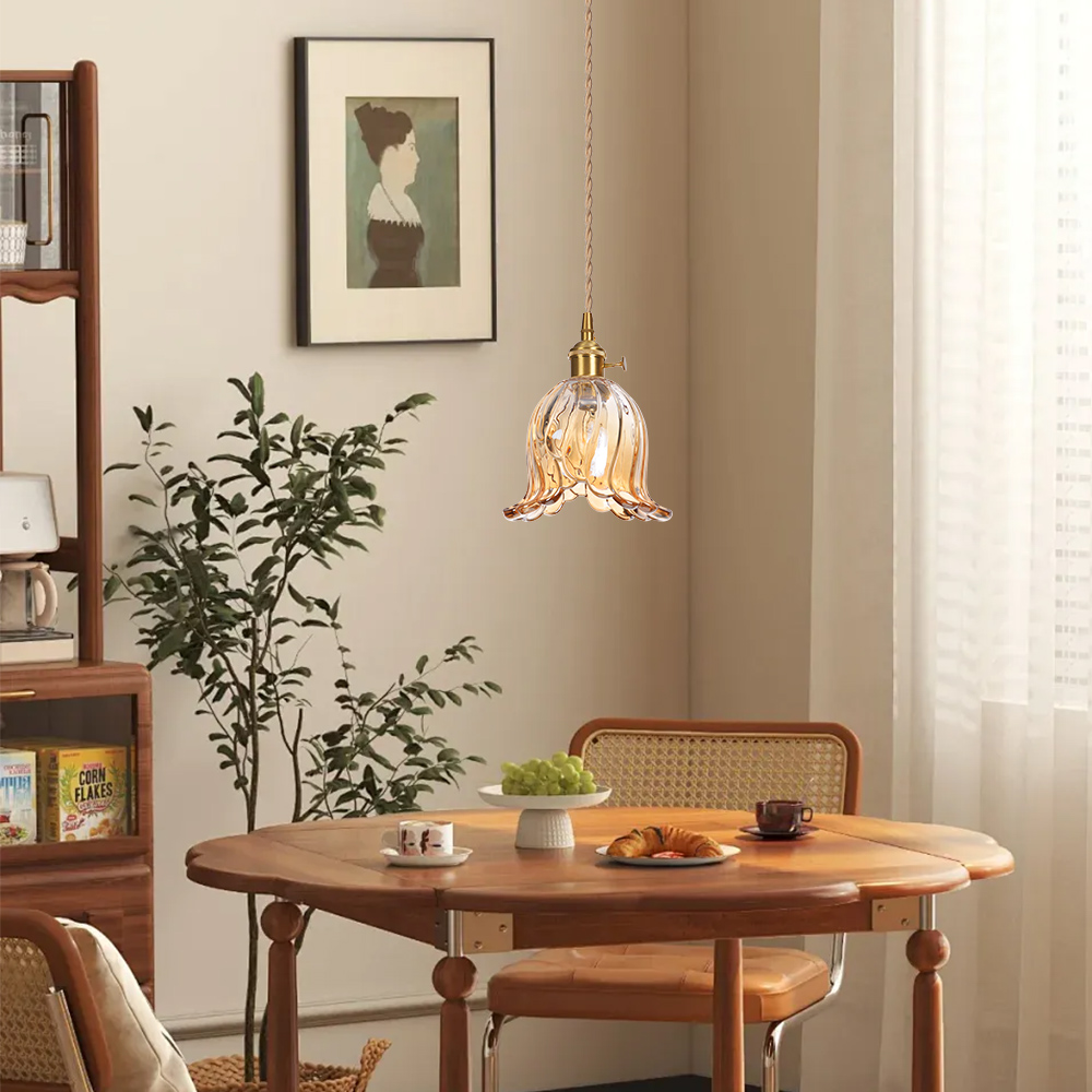 Ruffled Glass Petal Pendant Lamp Vintage Brass Accent Lighting