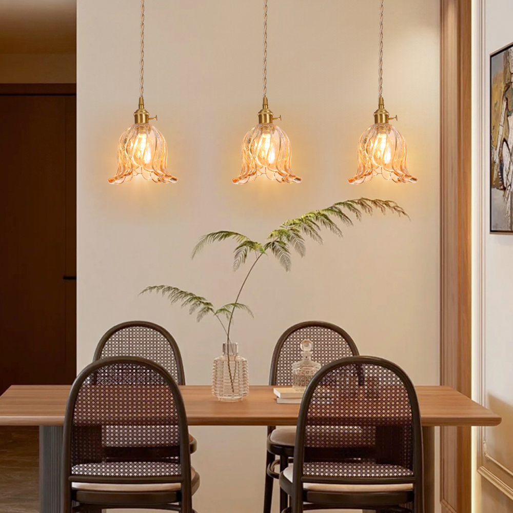 Ruffled Glass Petal Pendant Lamp Vintage Brass Accent Lighting