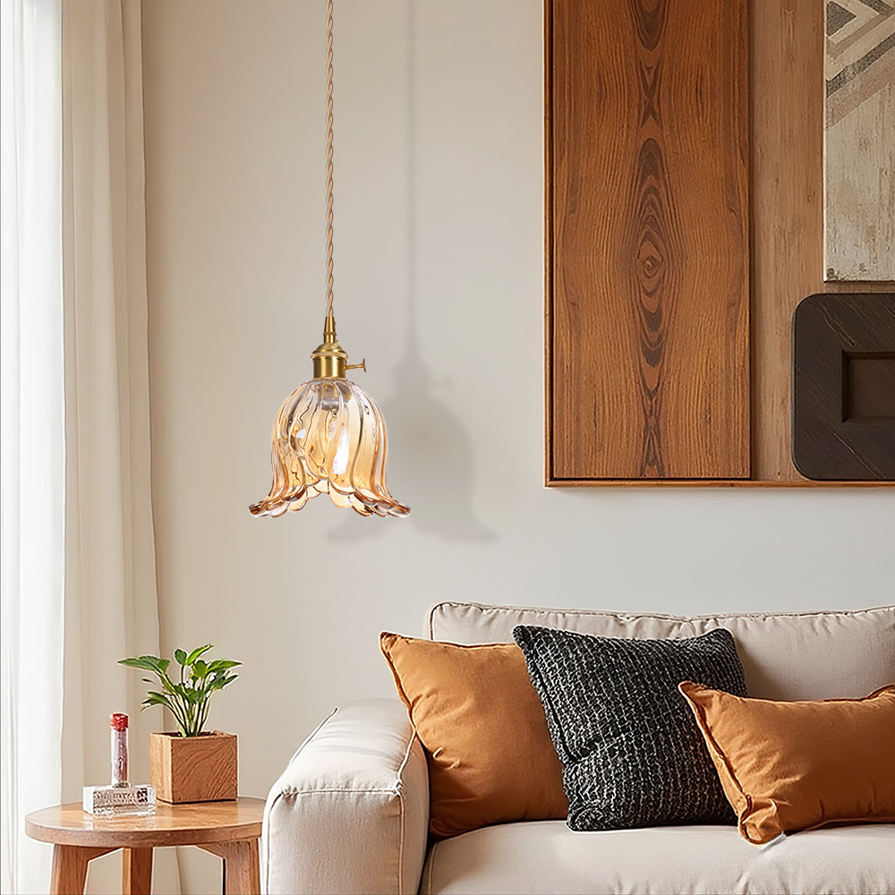 Ruffled Glass Petal Pendant Lamp Vintage Brass Accent Lighting