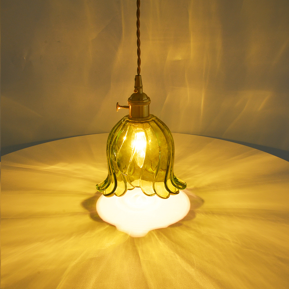 Ruffled Glass Petal Pendant Lamp Vintage Brass Accent Lighting