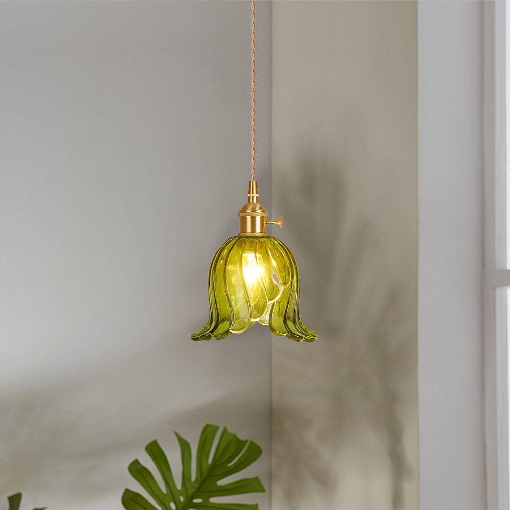 Ruffled Glass Petal Pendant Lamp Vintage Brass Accent Lighting