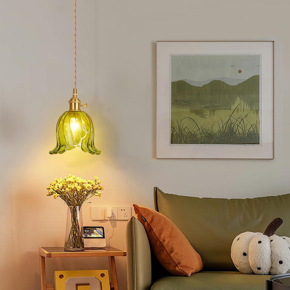Ruffled Glass Petal Pendant Lamp Vintage Brass Accent Lighting