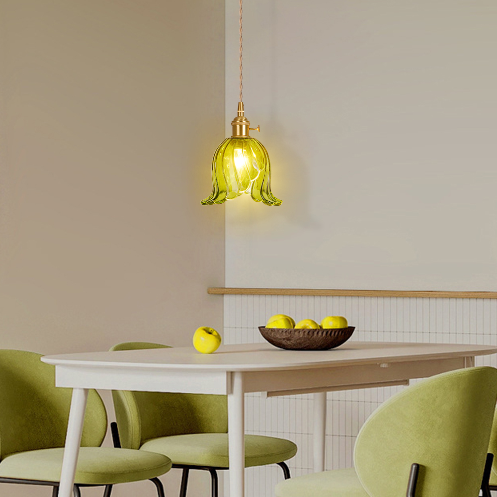 Ruffled Glass Petal Pendant Lamp Vintage Brass Accent Lighting