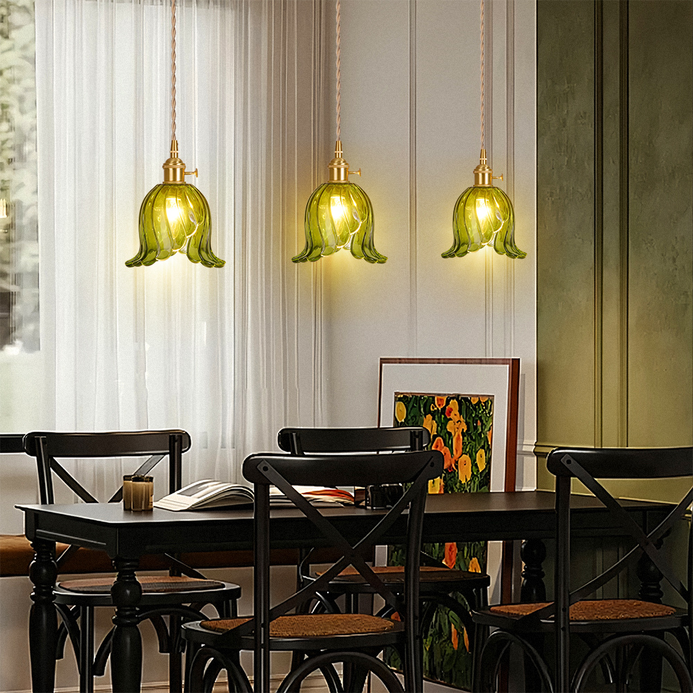 Ruffled Glass Petal Pendant Lamp Vintage Brass Accent Lighting