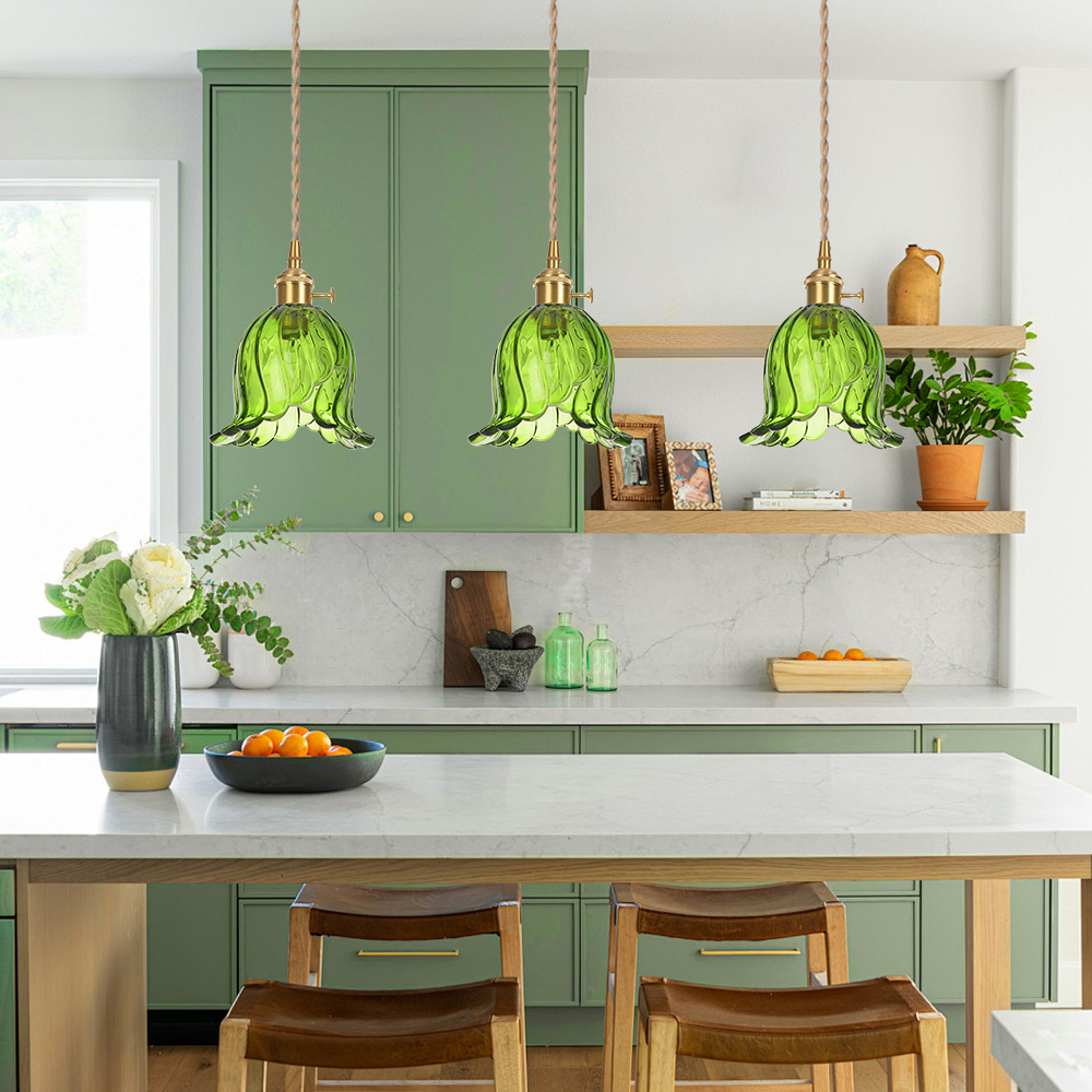 Ruffled Glass Petal Pendant Lamp Vintage Brass Accent Lighting