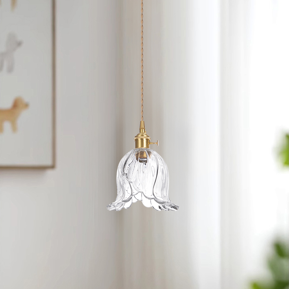 Ruffled Glass Petal Pendant Lamp Vintage Brass Accent Lighting