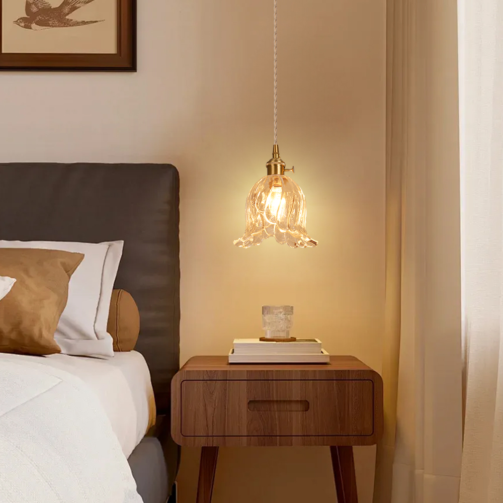 Ruffled Glass Petal Pendant Lamp Vintage Brass Accent Lighting