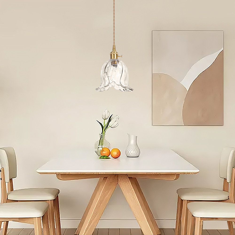 Ruffled Glass Petal Pendant Lamp Vintage Brass Accent Lighting