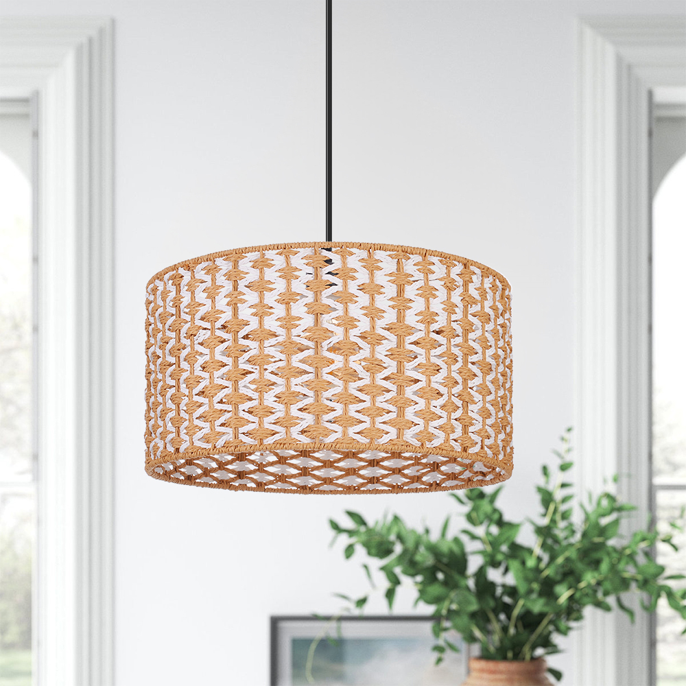 Bohemian Handwoven Jute Drum Pendant Lamp with Chevron Weave