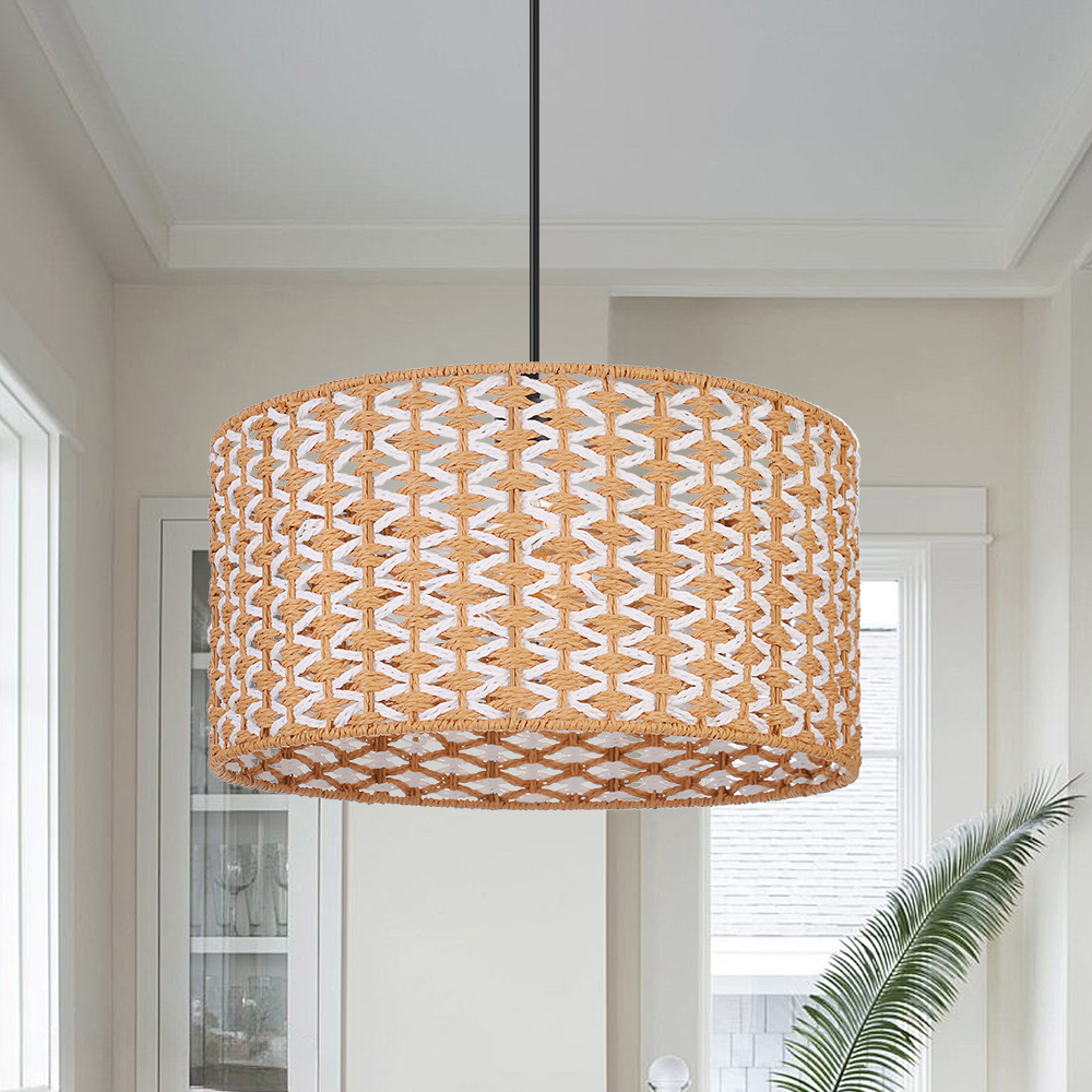 Bohemian Handwoven Jute Drum Pendant Lamp with Chevron Weave