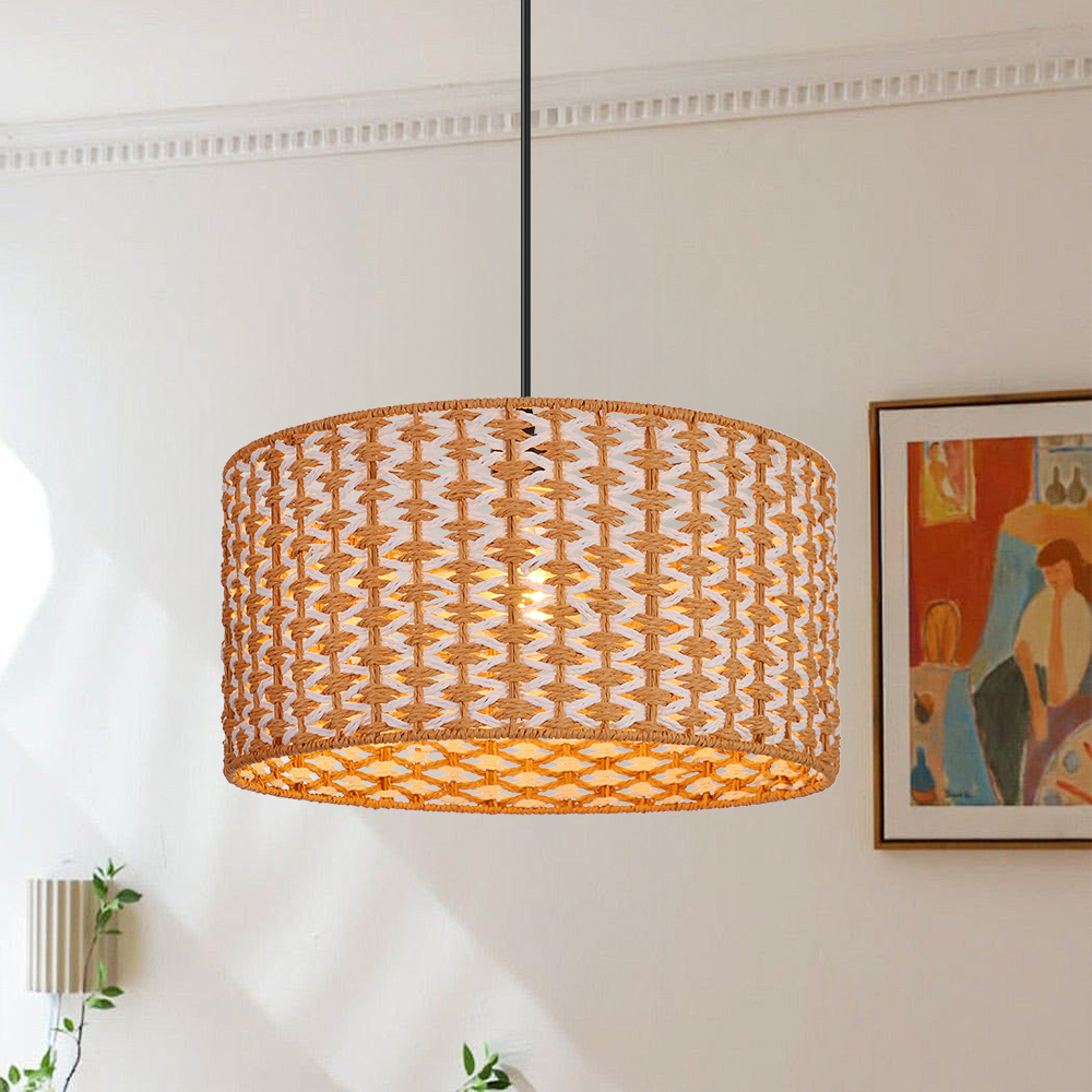 Bohemian Handwoven Jute Drum Pendant Lamp with Chevron Weave