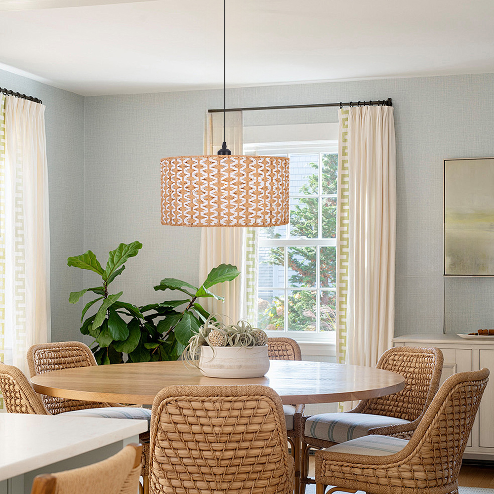 Bohemian Handwoven Jute Drum Pendant Lamp with Chevron Weave