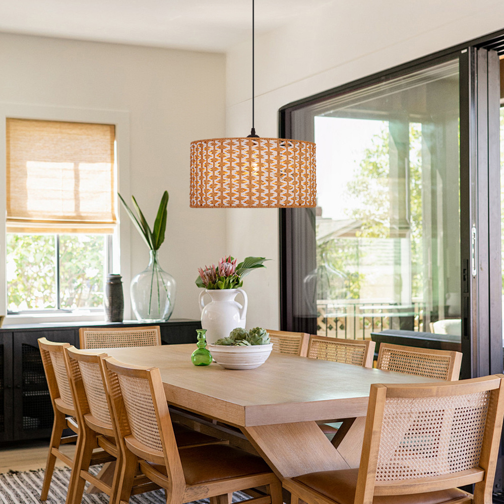 Bohemian Handwoven Jute Drum Pendant Lamp with Chevron Weave