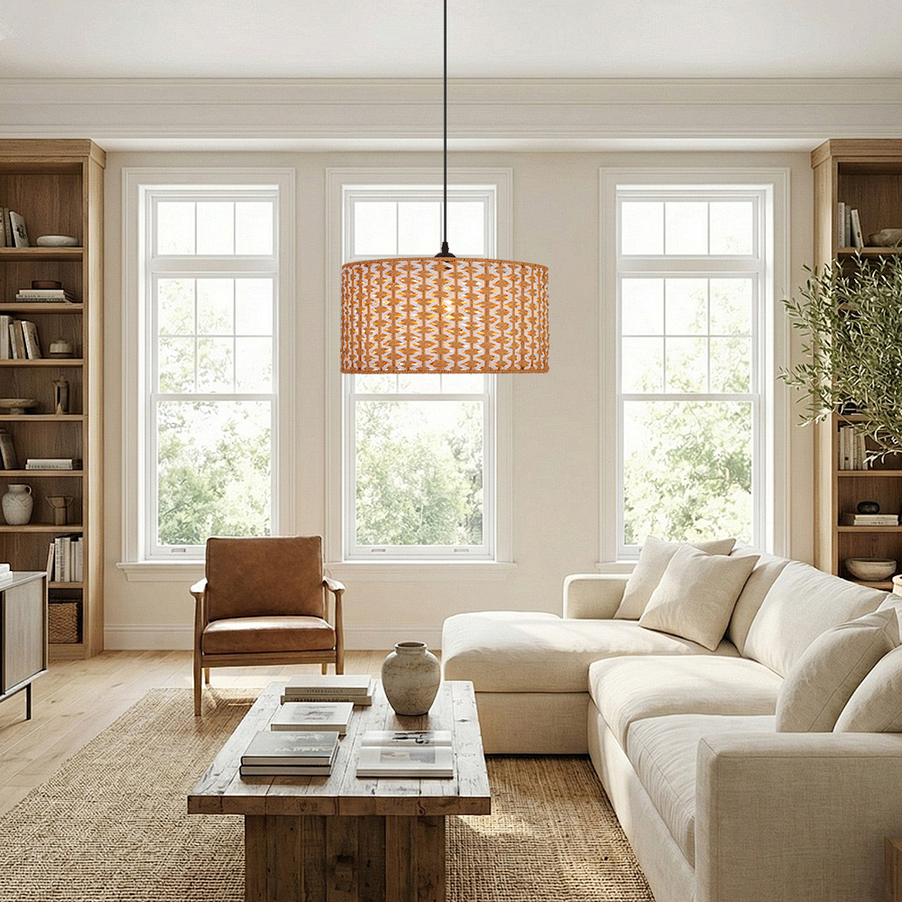 Bohemian Handwoven Jute Drum Pendant Lamp with Chevron Weave