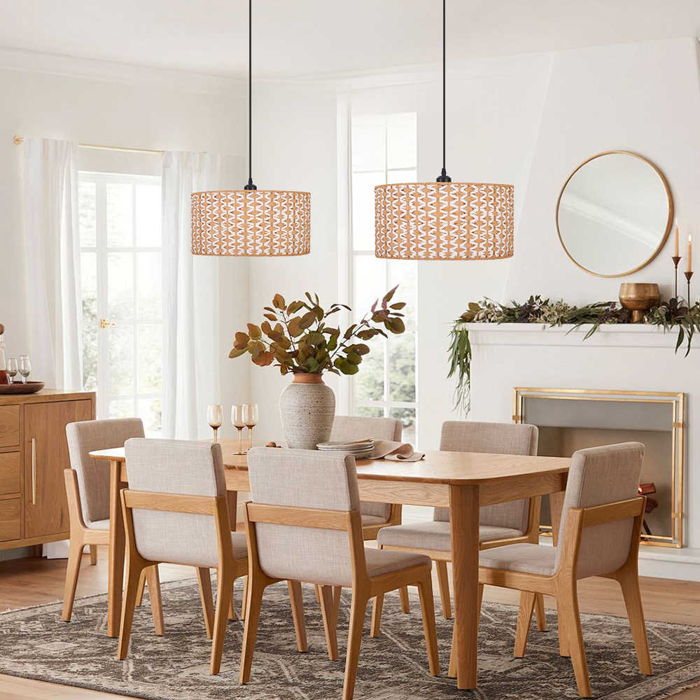 Bohemian Handwoven Jute Drum Pendant Lamp with Chevron Weave